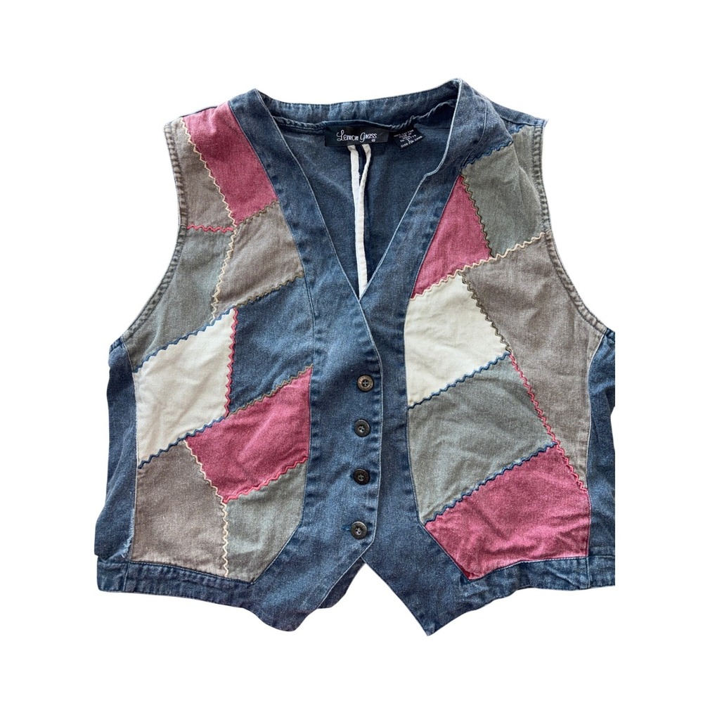 Vintage Lemon Grass Patchwork Denim Vest Womens L Cotton Boho Cinch Back Teacher
